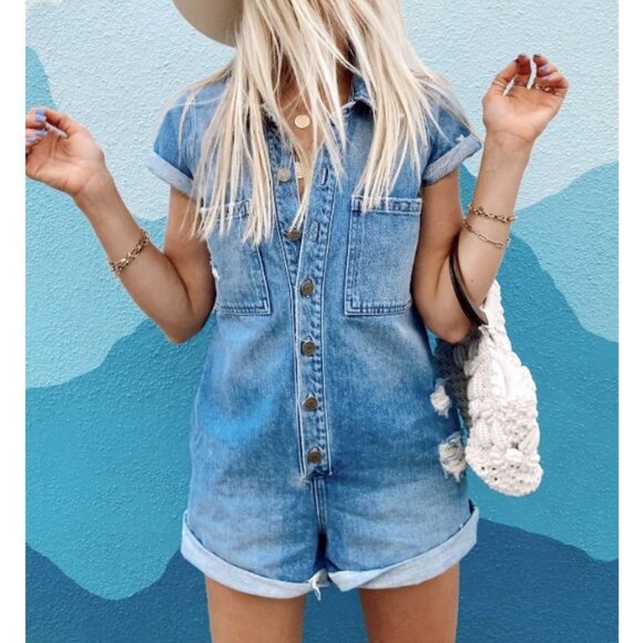 Show Me Your Mumu Women's Denim Ranger Romper Large Distressed Button-Up - Picture 1 of 3